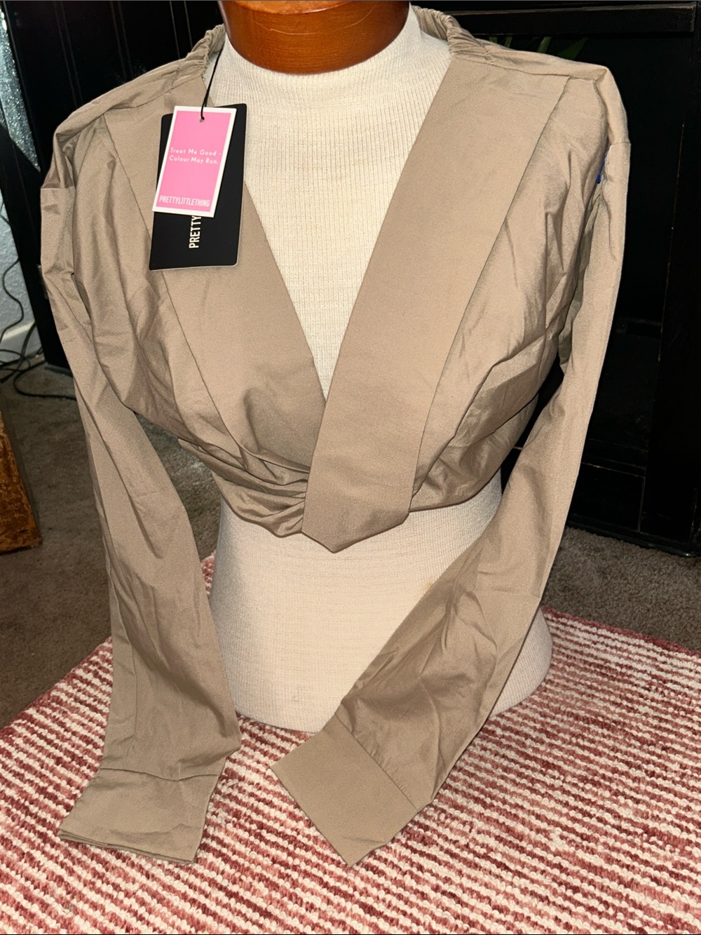 PrettyLittleThing Taupe Cropped Wrap Blouse